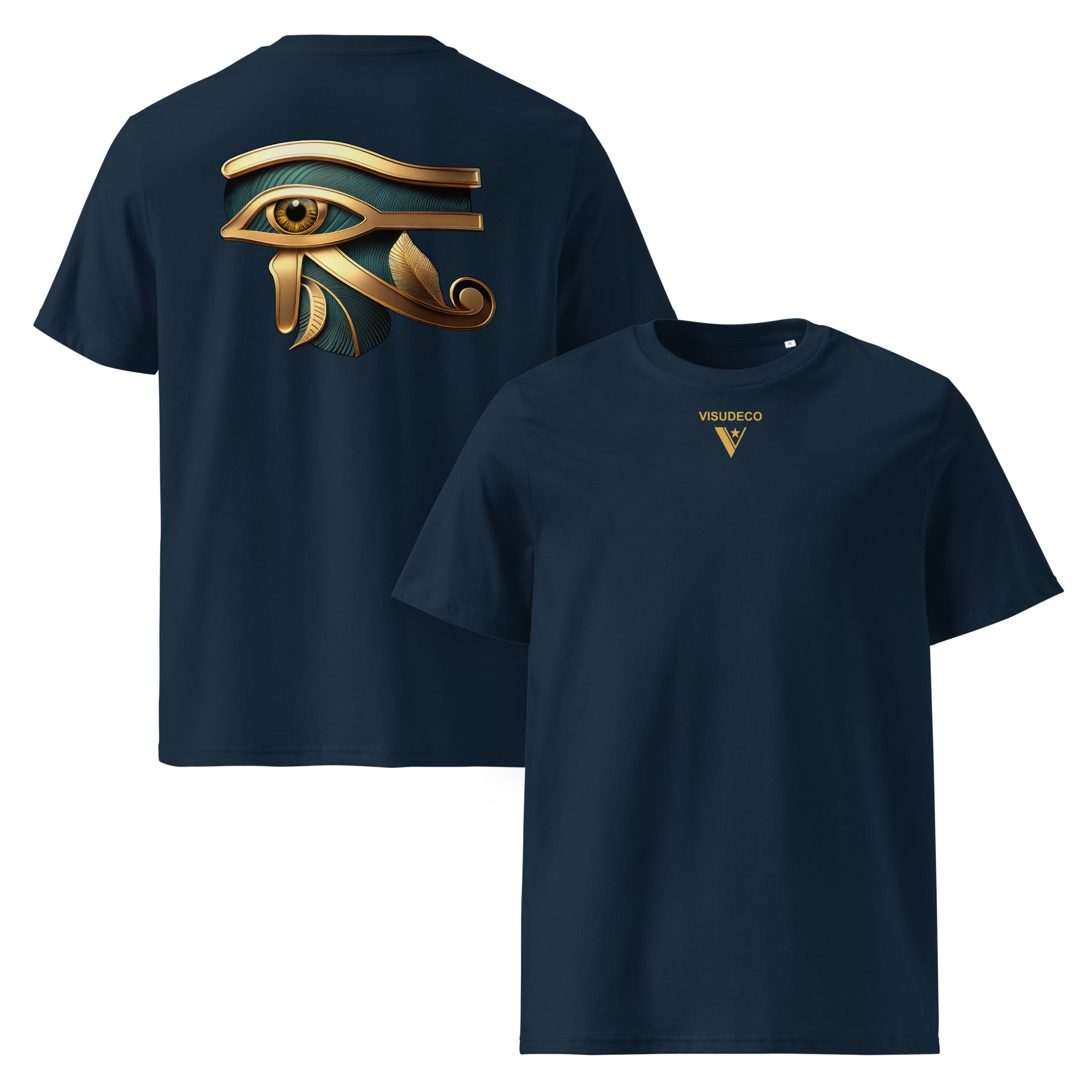 Eye of Horus - Organic Cotton T-Shirt in Navy Blue with print on the back and logo on the front.