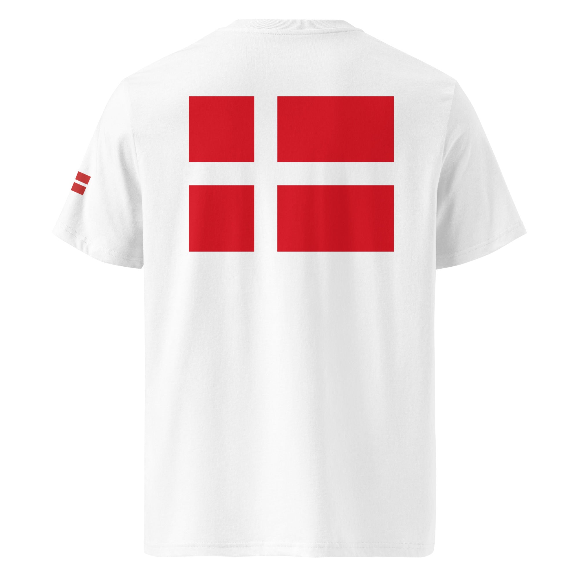 Danish Flag - Organic Cotton T-Shirt in White with flag on the back and on the left sleeve.