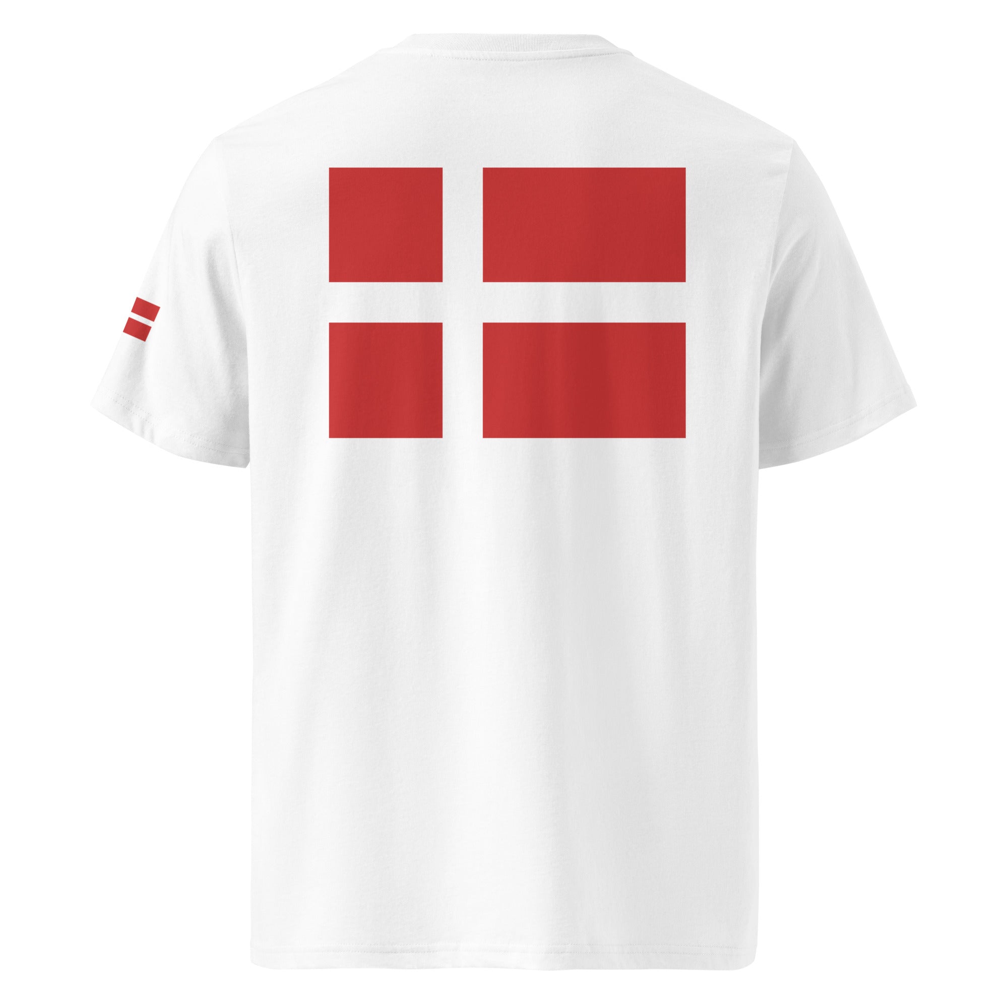 Danish Flag - Organic Cotton T-Shirt in White with flag printed on the back.