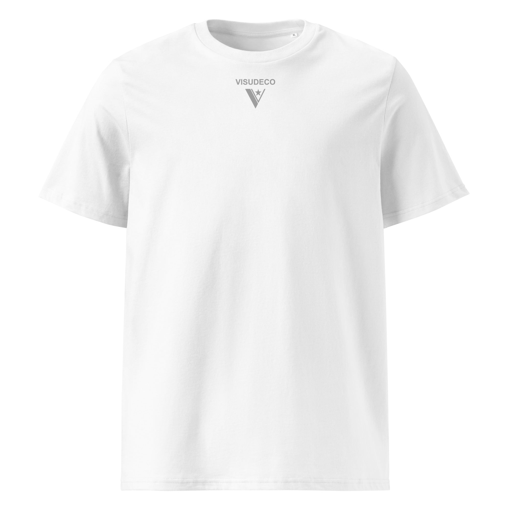 Organic Cotton T-Shirt in White with visudeco logo in front.