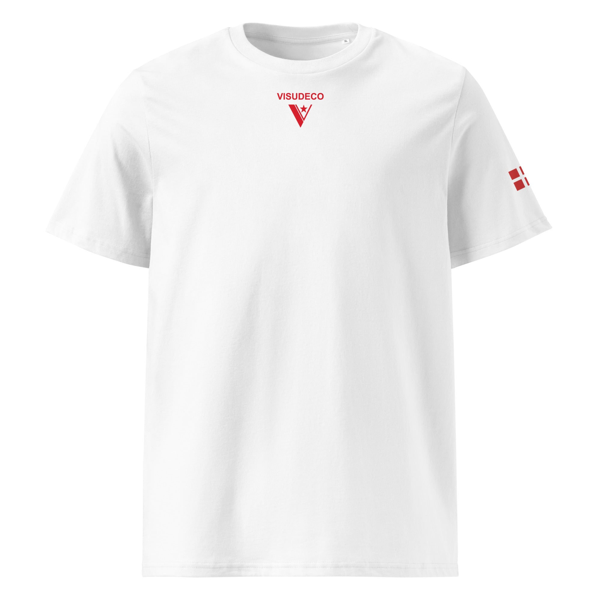 Organic Cotton T-Shirt in White with visudeco logo in front and flag on the left sleeve.