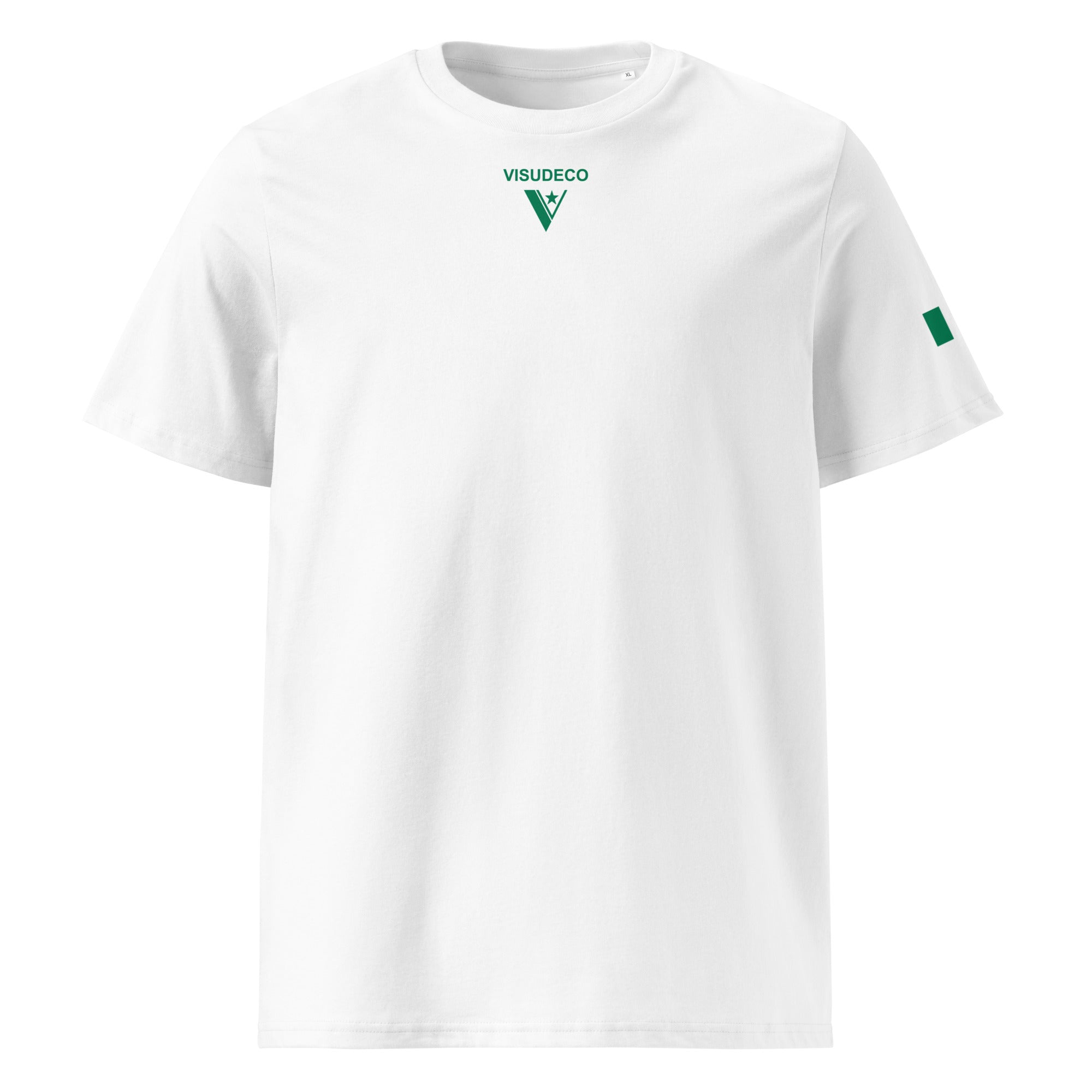 Organic Cotton T-Shirt in White with green visudeco logo printed in front.