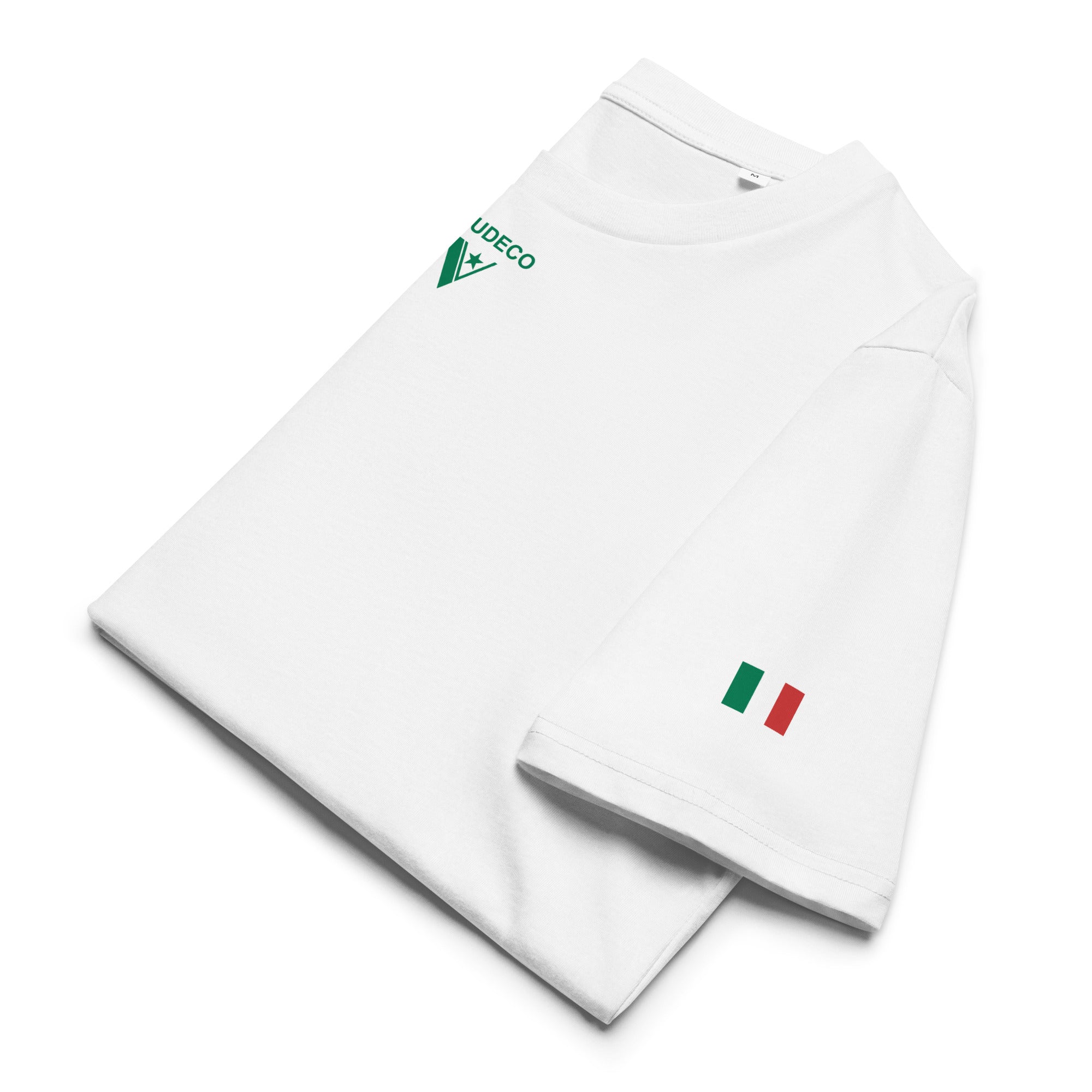 Italian Flag - Organic Cotton T-Shirt in White with logo printed in front and flag on left sleeve.