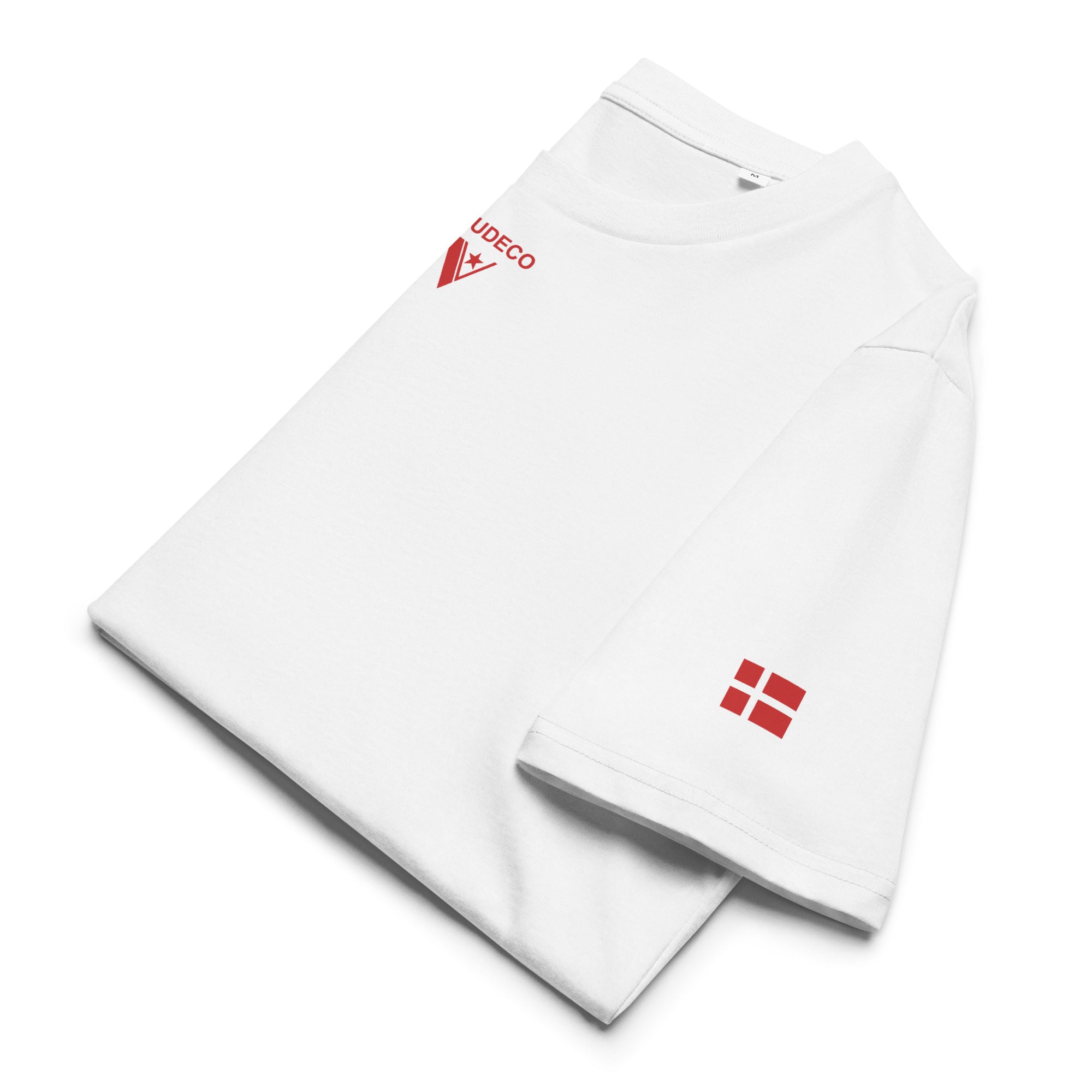 Danish Flag - Organic Cotton T-Shirt in White - sample with logo in front and flag on left sleeve.
