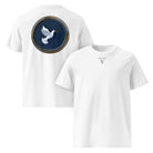 White Dove - Organic Cotton T-Shirt in White with a white dove on the back and logo on the front.