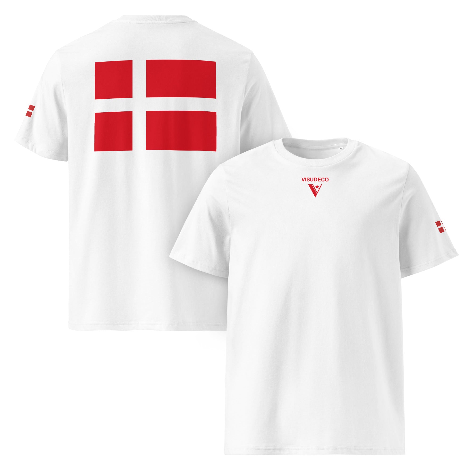 Danish Flag - Organic Cotton T-Shirt in White with flag on the back, on the sleeve, logo in front.