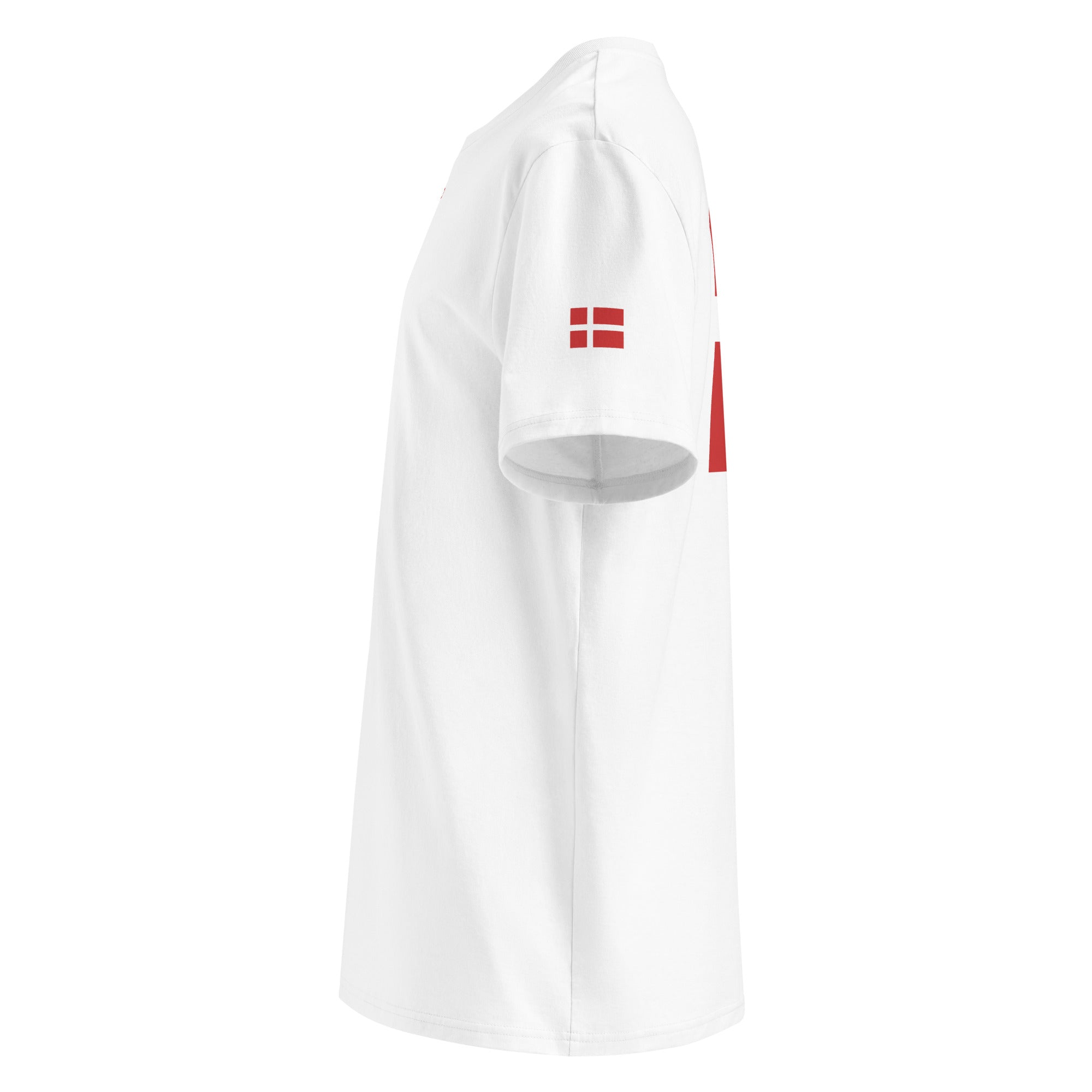 Danish Flag - Organic Cotton T-Shirt in White with flag printed on the left sleeve.