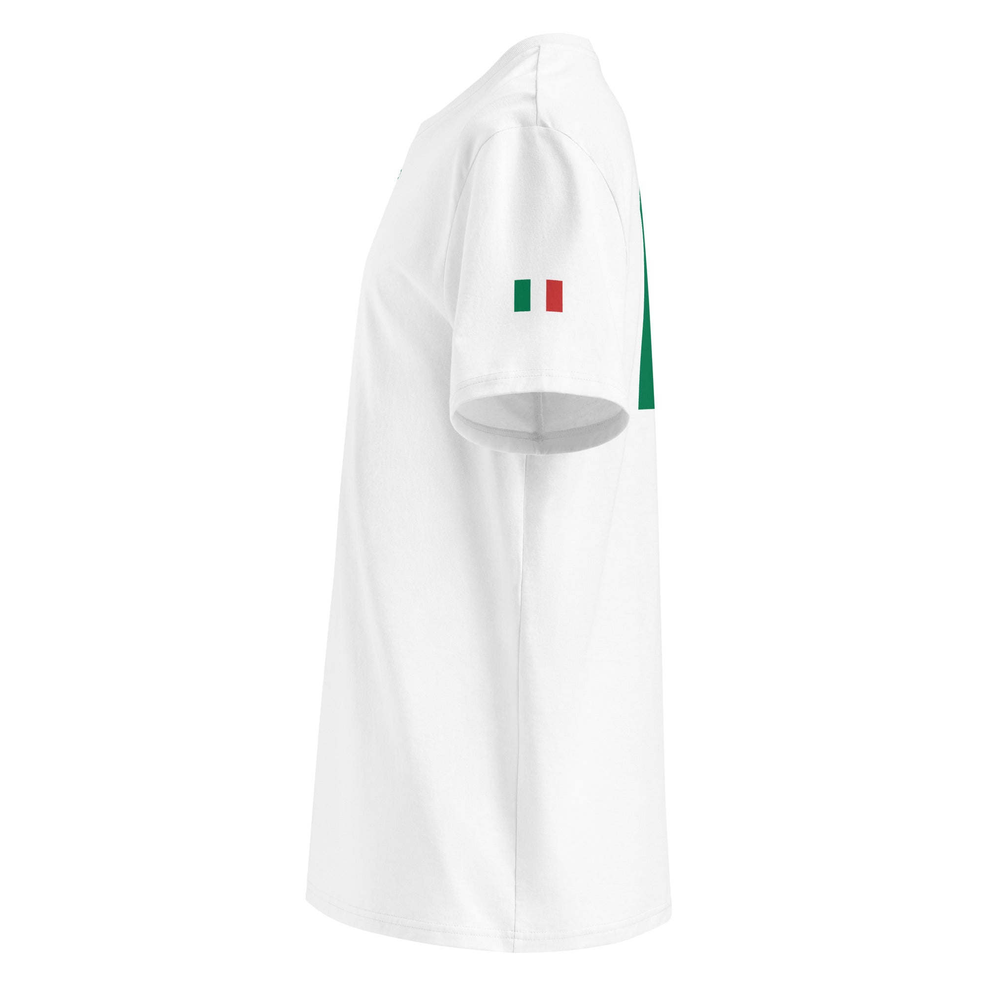 Italian Flag - Organic Cotton T-Shirt in White with flag printed on the left sleeve.