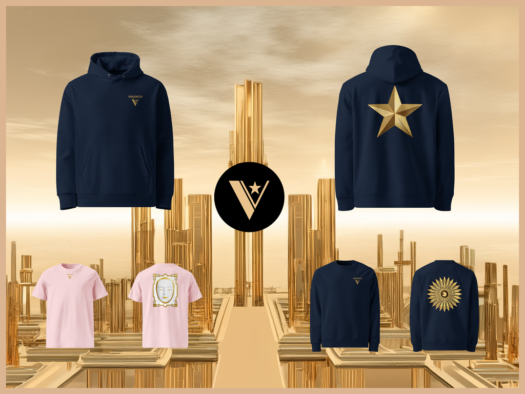 Hoodies, t-shirts and sweatshirts icons with golden city background.