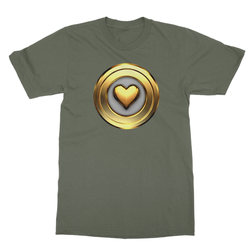 Golden Heart - T-Shirt, with a golden heart printed on the front. In military green.