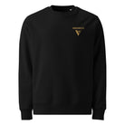 Black sweatshirt with a gold logo on a white background