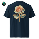 Bloom - Organic Cotton T-Shirt in Navy Blue with golden flower on the back and an xmas decoration.