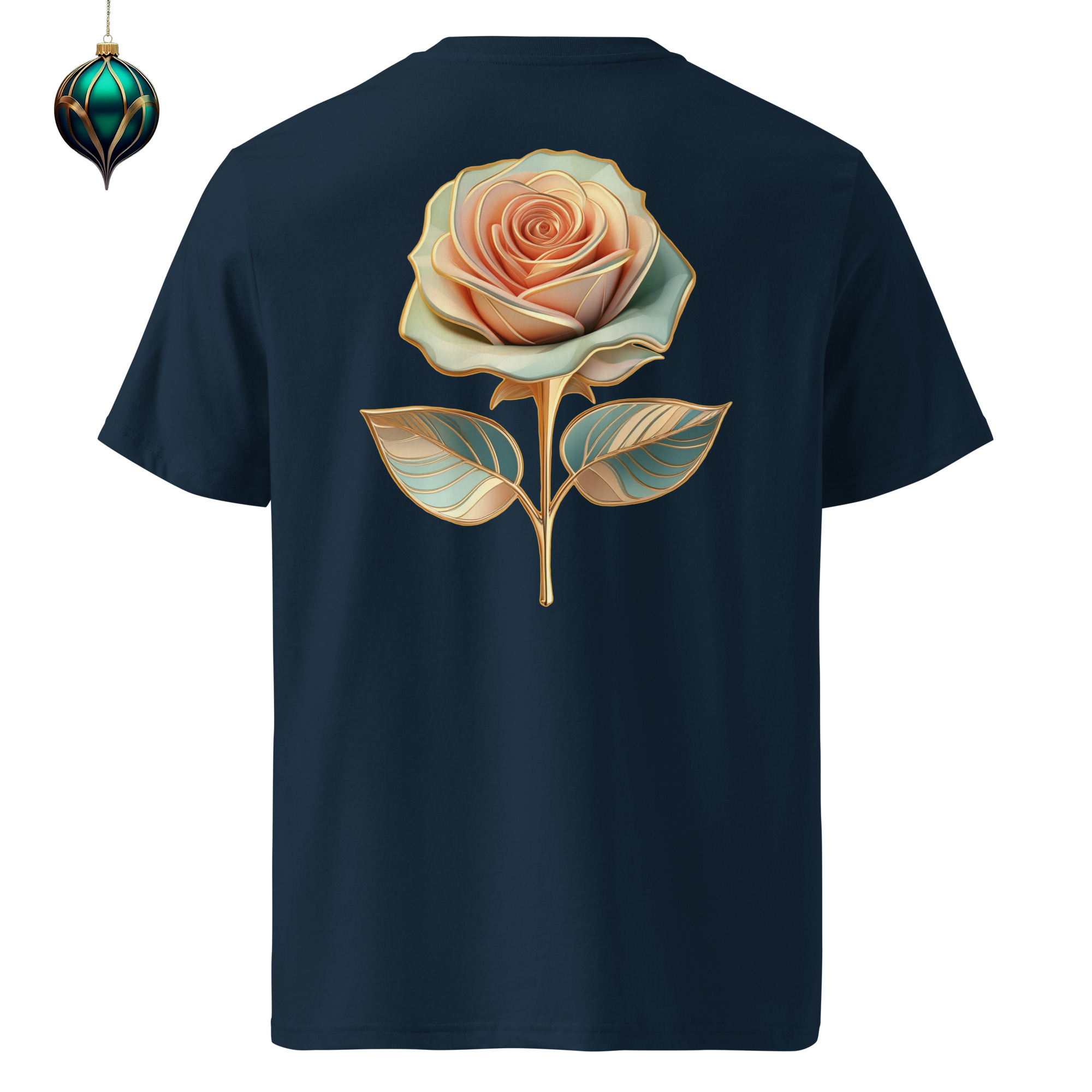 Bloom - Organic Cotton T-Shirt in Navy Blue with golden flower on the back and an xmas decoration.