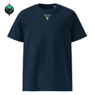 Organic Cotton T-Shirt in Navy Blue with visudeco logo on the front and an xmas decoration.