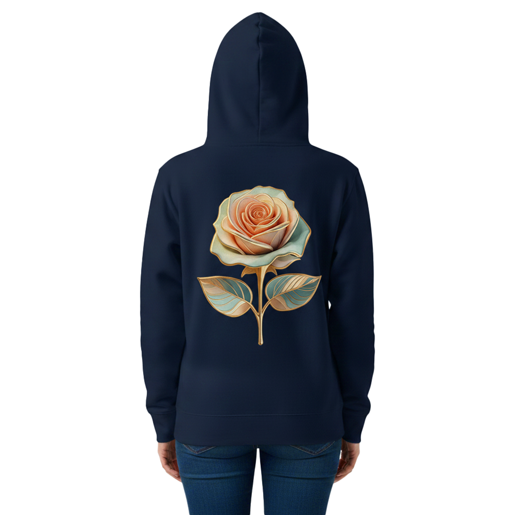 A person shown from the back wearing a navy hoodie with a large illustrated rose graphic on the back, paired with blue jeans, against a plain white background.