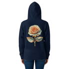 A person shown from the back wearing a navy hoodie with a large illustrated rose graphic on the back, paired with blue jeans, against a plain white background.