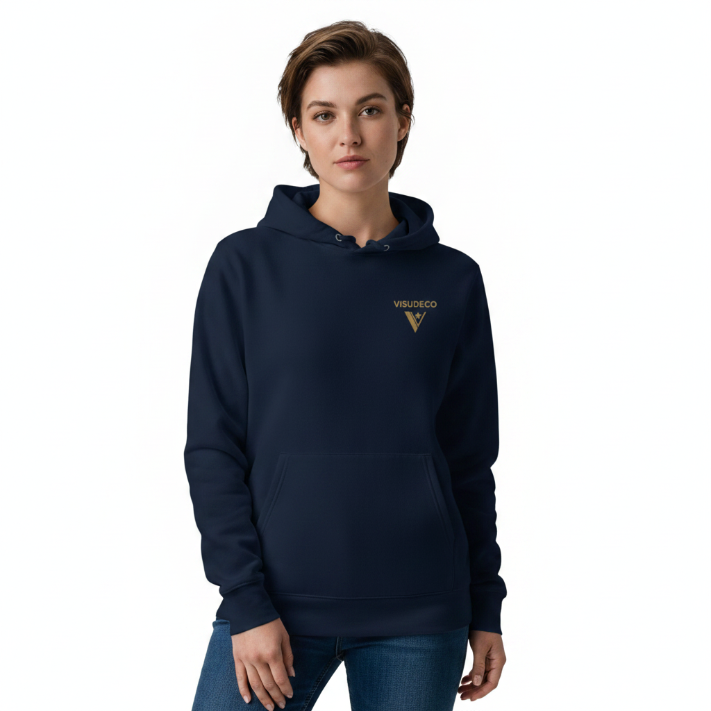 Woman wearing a navy blue hoodie with a logo on the front.