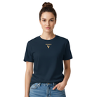 Woman wearing navy blue t-shirt with logo in front.