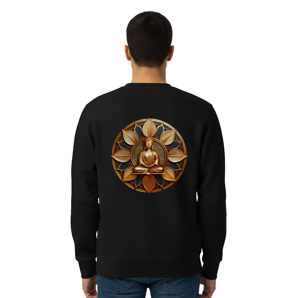A man viewed from behind wearing a black crewneck sweatshirt with a large golden Buddha graphic on the back, paired with blue jeans against a plain white background.