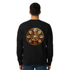 A man viewed from behind wearing a black crewneck sweatshirt with a large golden Buddha graphic on the back, paired with blue jeans against a plain white background.