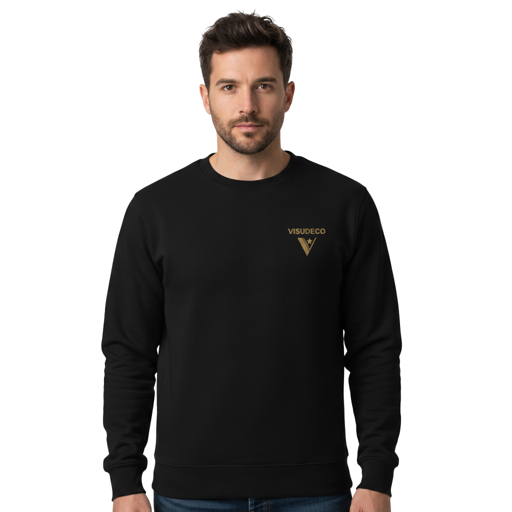 A man wearing a black crewneck sweatshirt with a small gold 'VISUDECO' logo on the left chest, set against a plain white background.