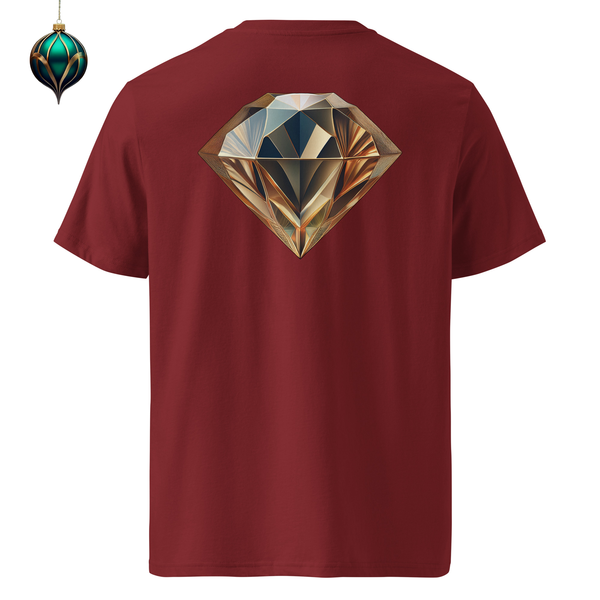 Diamond - Organic Cotton T-Shirt in Burgundy with diamond design on the back and Xmas decoration.