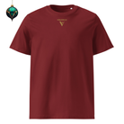 Organic Cotton T-Shirt in Burgundy with visudeco logo on the front and Xmas decoration.