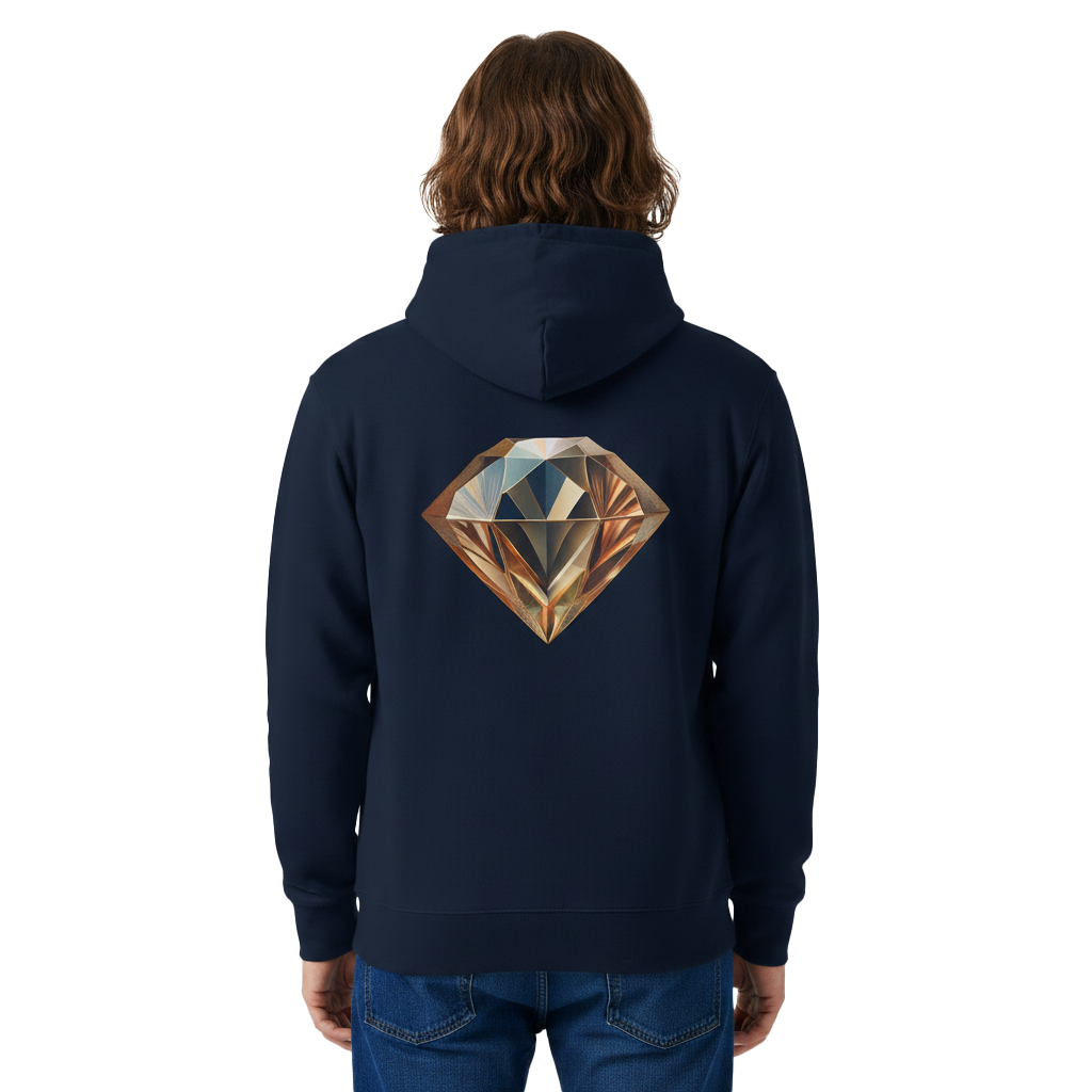 A person viewed from the back wearing a navy pullover hoodie with a large faceted gemstone graphic printed on the back, paired with blue jeans against a plain white background.