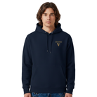 A man wearing a navy blue pullover hoodie with a gold and white VISUDECO logo on the left chest, set against a plain white background.