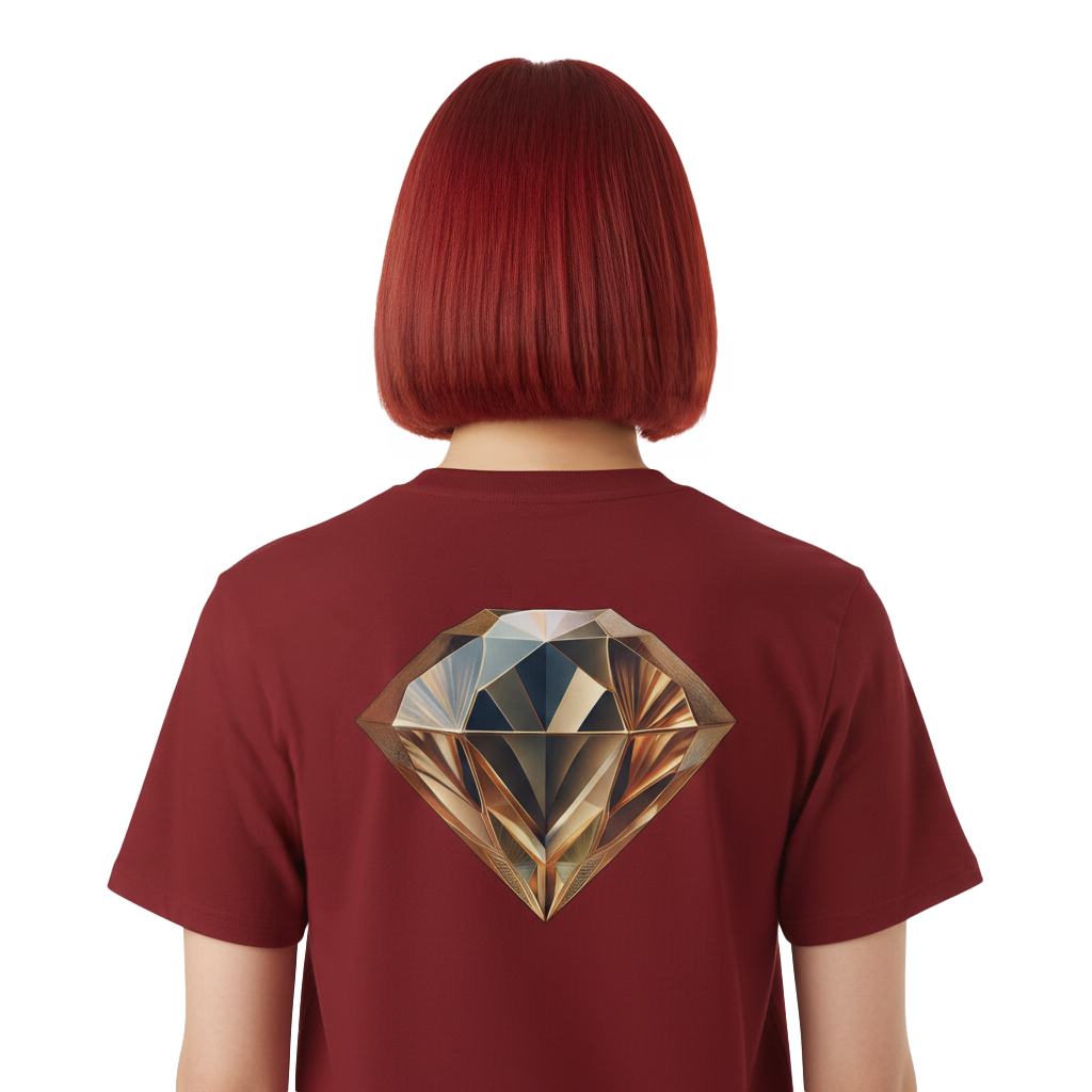 A person shown from the back wearing a burgundy short-sleeve T-shirt with a large faceted gold diamond graphic printed on the back. The person has a short, straight, dark red haircut and is photographed against a plain white background.