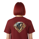 A person shown from the back wearing a burgundy short-sleeve T-shirt with a large faceted gold diamond graphic printed on the back. The person has a short, straight, dark red haircut and is photographed against a plain white background.