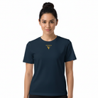 Woman wearing a navy blue t-shirt with a logo on a white background