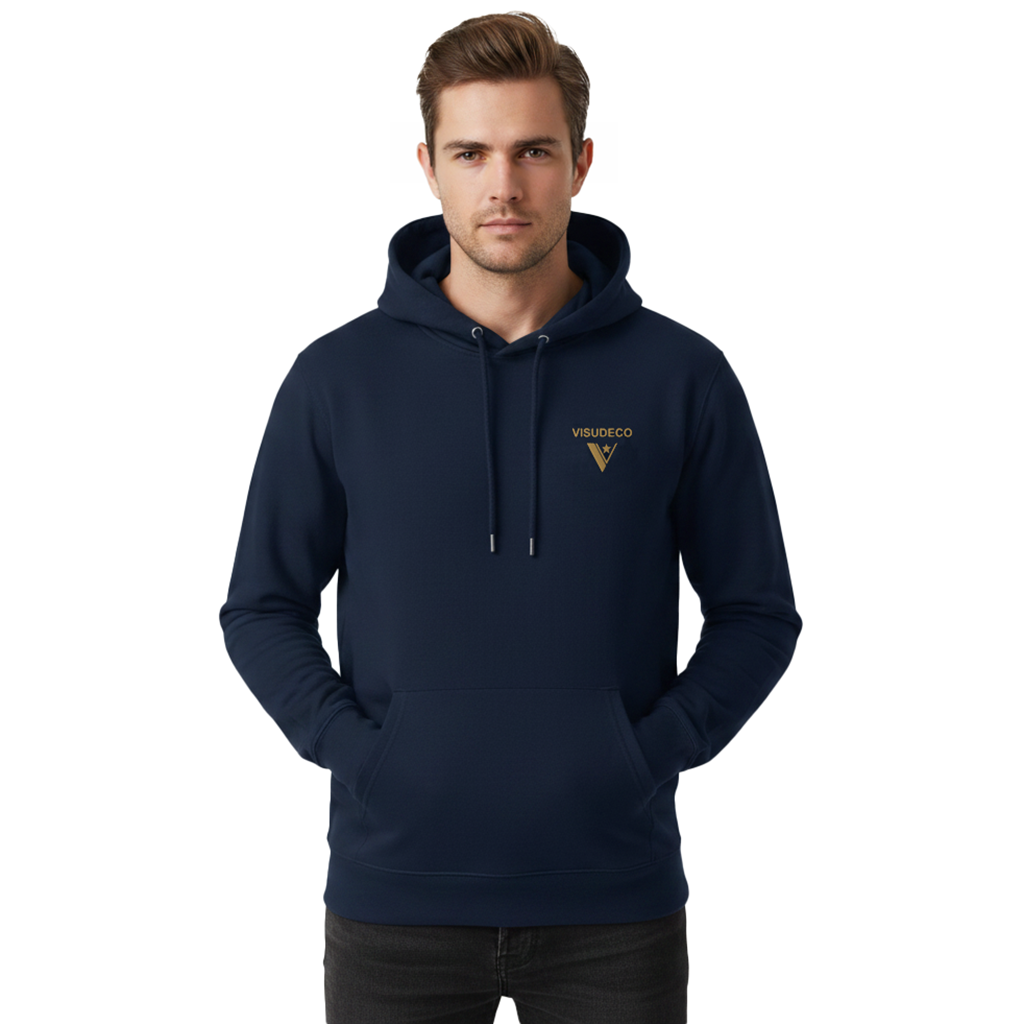 Man wearing a navy hoodie with a logo on a white background