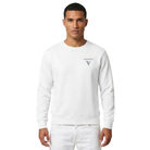 A man wearing a white crewneck sweatshirt with a gray 'VISUDECO' logo on the left chest, paired with white pants, against a plain white background.