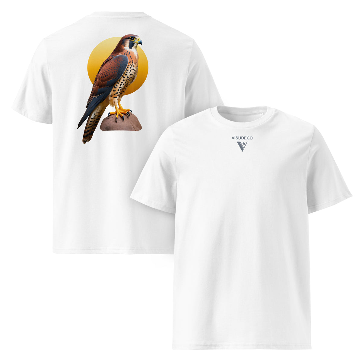Two white short-sleeve t-shirts shown on a plain white background, with the back view on the left featuring a large graphic of a falcon over a yellow circular backdrop, and the front view on the right featuring a small gray VISUDECO logo on the chest.