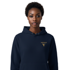 Person wearing a navy hoodie with 'VISUDECO' logo on a white background