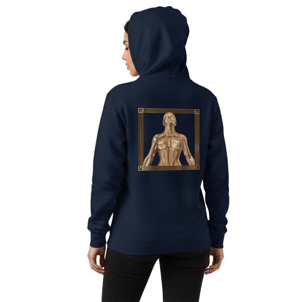 Woman wearing a navy blue hoodie with a golden girl design on the back.