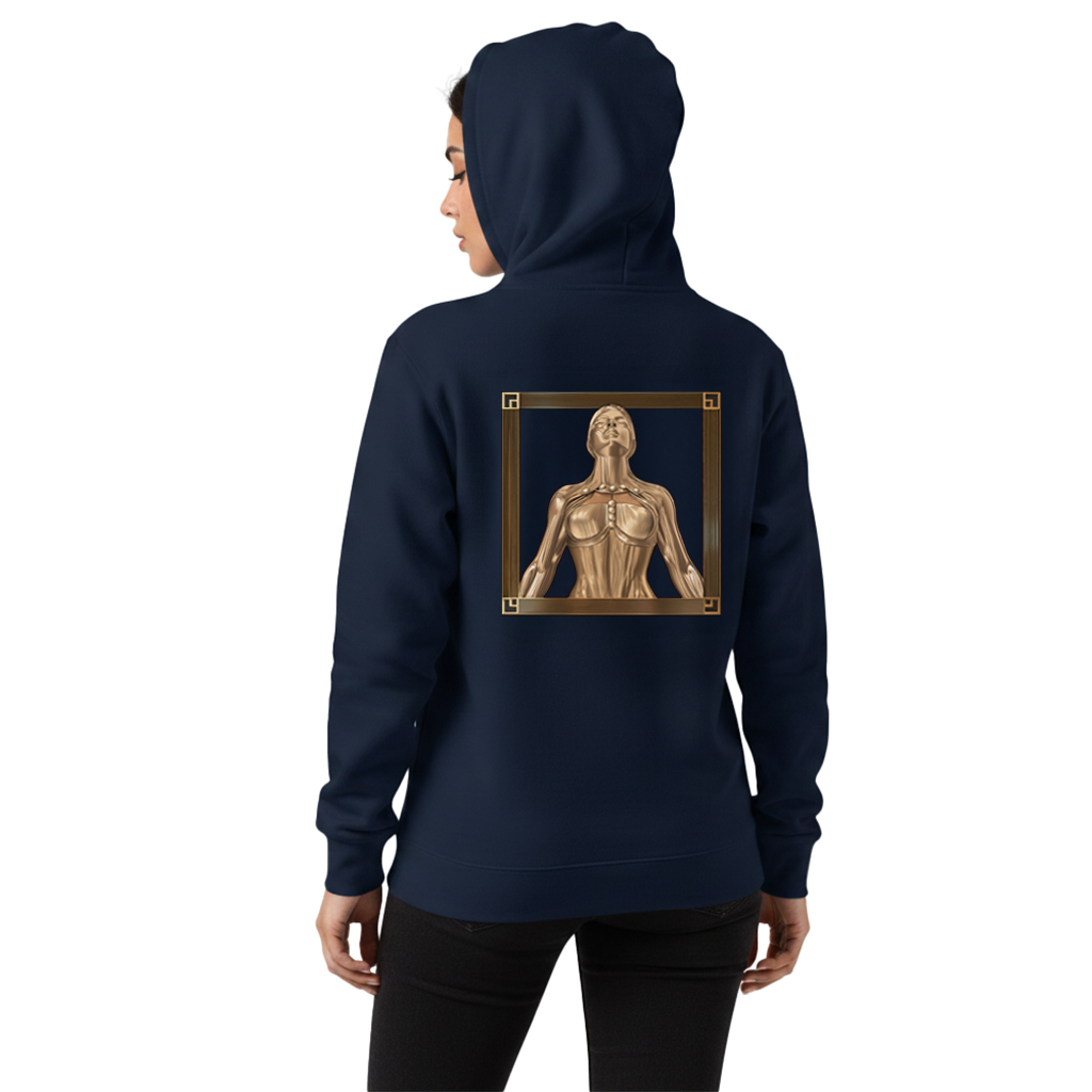 Person wearing a navy hoodie with the design of a golden woman on the back against a white background.