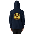 Person wearing navy blue hoodie with a golden pharaoh design on the back.