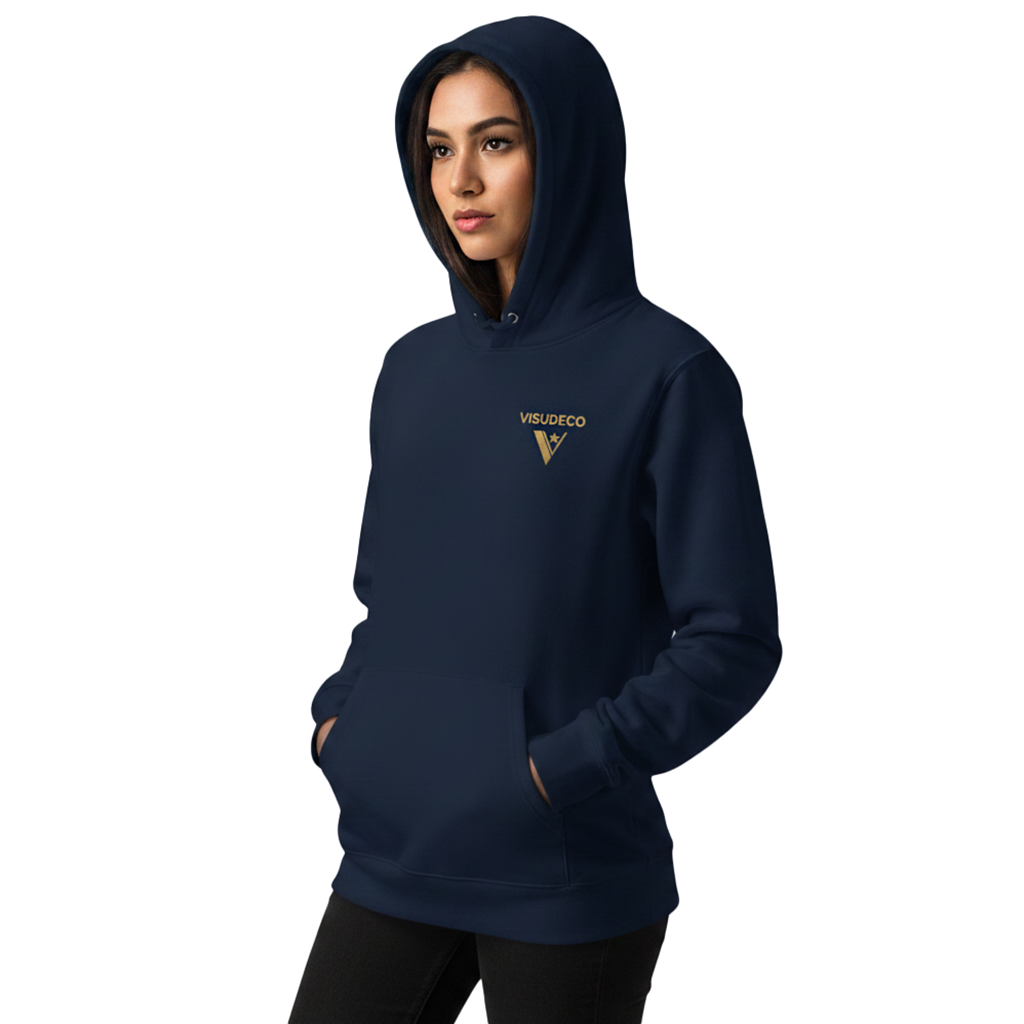 Person wearing a navy hoodie with a logo on a white background