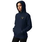 Person wearing a navy hoodie with a logo on a white background