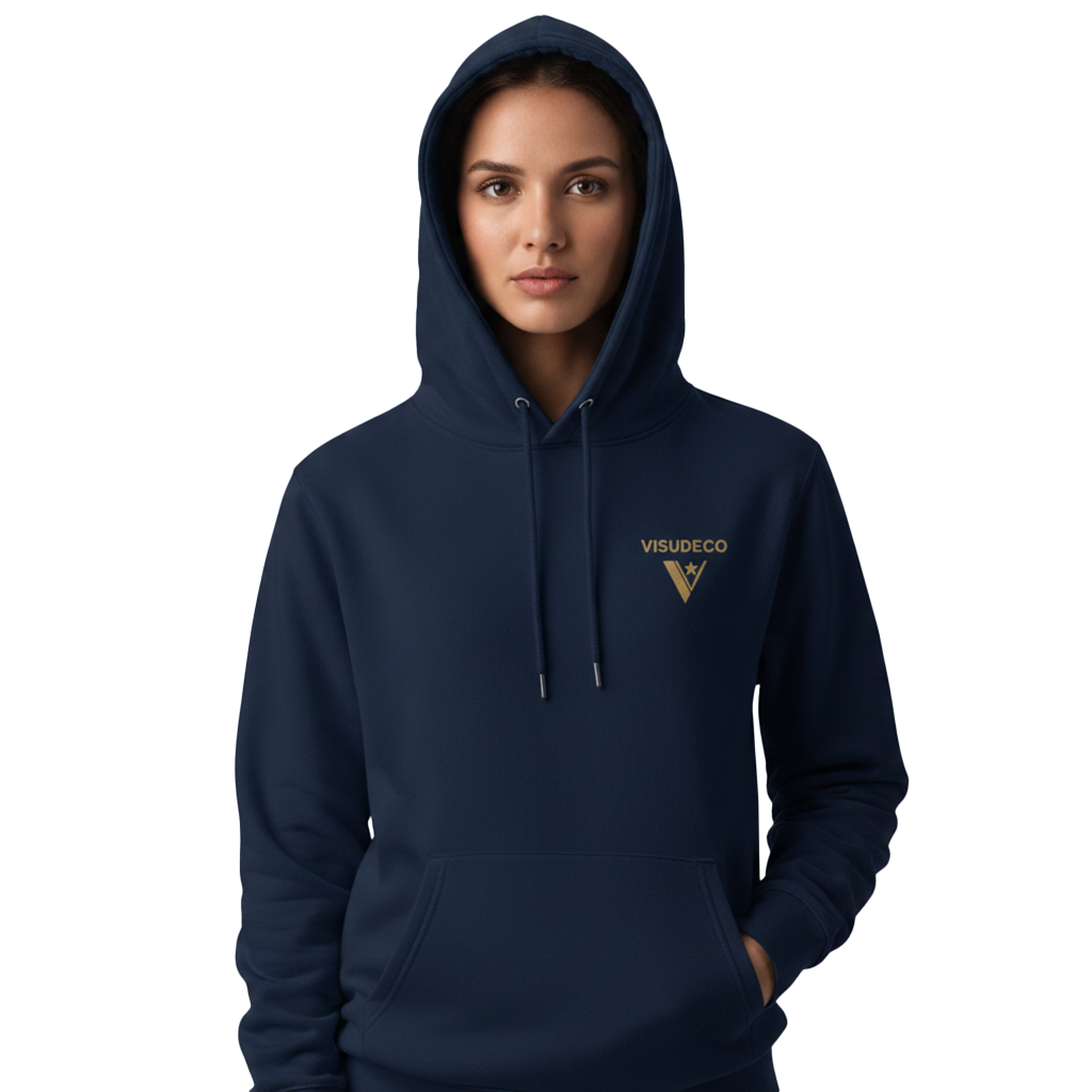 Person wearing hoodie with logo in front.