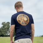 Person wearing the Flower Power design on a navy blue t-shirt with a floral peace symbol design.