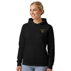 Woman wearing a black sweatshirt with the VISUDECO logo in front.