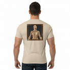 Man wearing a desert dust/beige t-shirt with a golden girl design on the back.