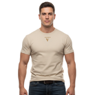 Man wearing a desert dust/beige t-shirt with a VISUDECO logo on the front.