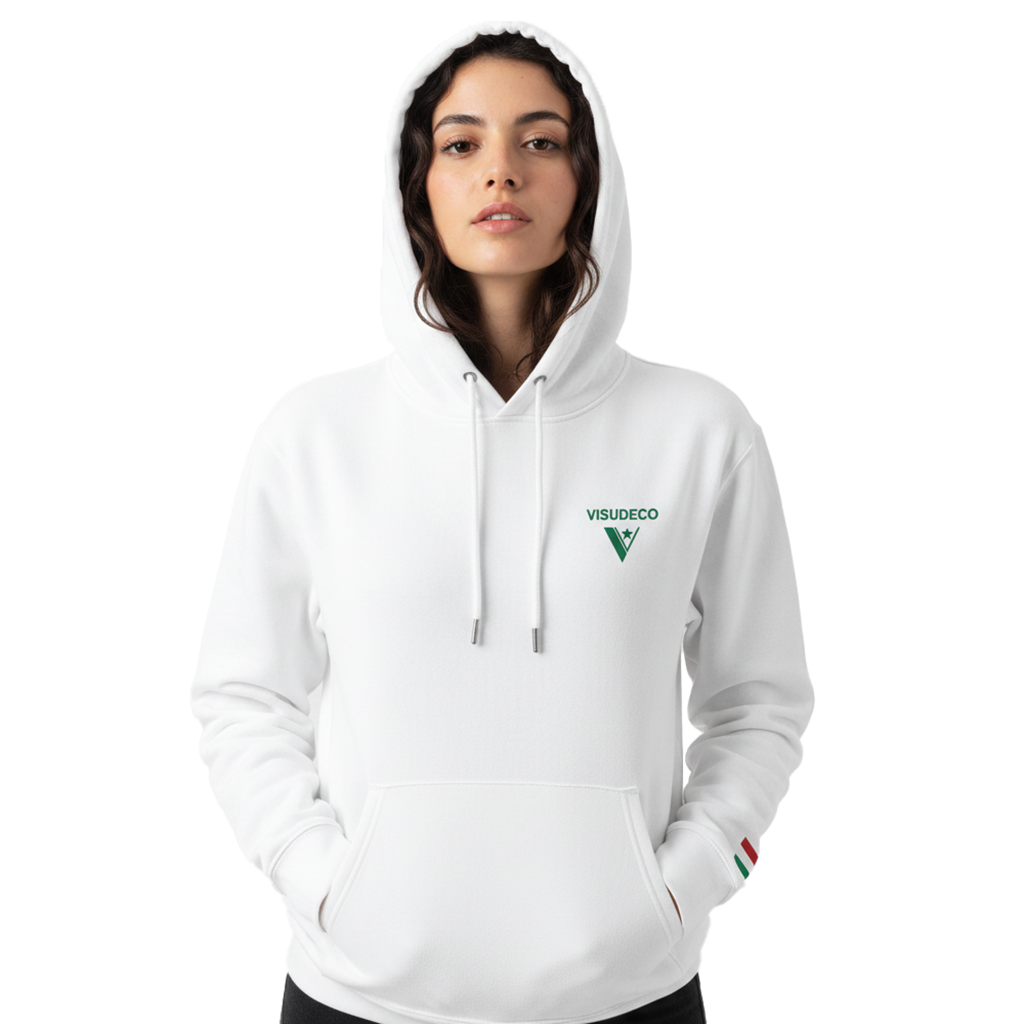 A woman wearing a white pullover hoodie with a green 'VISUDECO' logo printed on the left chest, set against a plain white background.