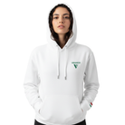 A woman wearing a white pullover hoodie with a green 'VISUDECO' logo printed on the left chest, set against a plain white background.
