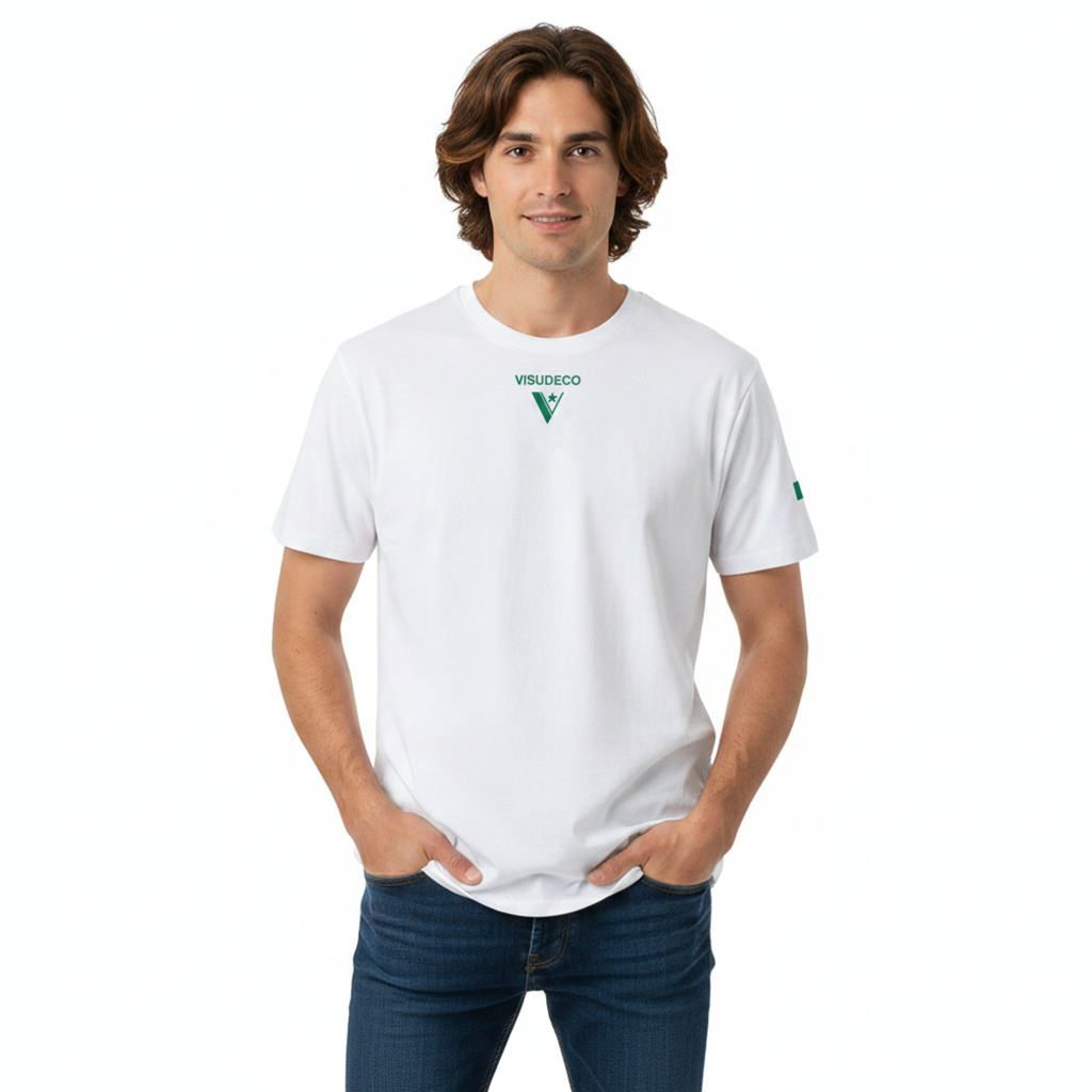 A man wearing a white short-sleeve t-shirt with a green VISUDECO logo on the chest, paired with dark blue jeans, against a plain white background.