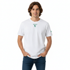 A man wearing a white short-sleeve t-shirt with a green VISUDECO logo on the chest, paired with dark blue jeans, against a plain white background.